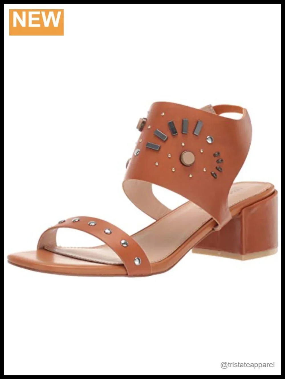 Genuine Leather Heeled Sandal Elastic Ankle Strap Metal Stud Block Mid Heel